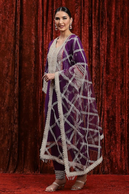 Shop_Shikhar Sharma_Purple Cotton, Silk, Net, Chanderi Embroidery, Beads, And Dori Kurta Pant Set _Online_at_Aza_Fashions