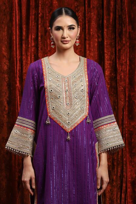 Shikhar Sharma_Purple Cotton, Silk, Net, Chanderi Embroidery, Beads, And Dori Kurta Pant Set _at_Aza_Fashions