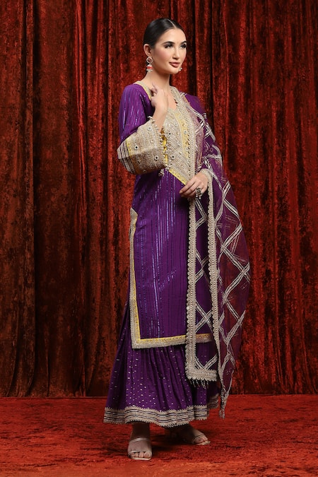 Shikhar Sharma_Purple Cotton, Silk, Chanderi, Net Gota Patti, Bodice Kurta Sharara Set _Online_at_Aza_Fashions