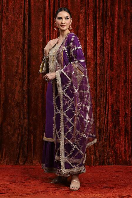 Buy_Shikhar Sharma_Purple Cotton, Silk, Chanderi, Net Gota Patti, Bodice Kurta Sharara Set _Online_at_Aza_Fashions