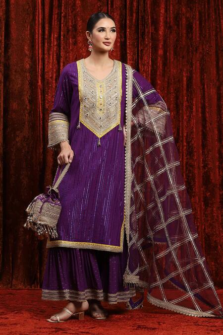 Shop_Shikhar Sharma_Purple Cotton, Silk, Chanderi, Net Gota Patti, Bodice Kurta Sharara Set _Online_at_Aza_Fashions