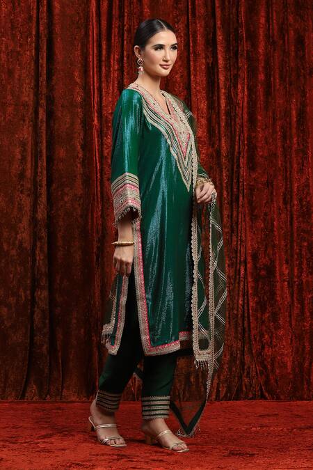 Shikhar Sharma_Green Cotton, Silk, Net, Chanderi Embroidery, Badla And Work Kurta Pant Set _Online_at_Aza_Fashions