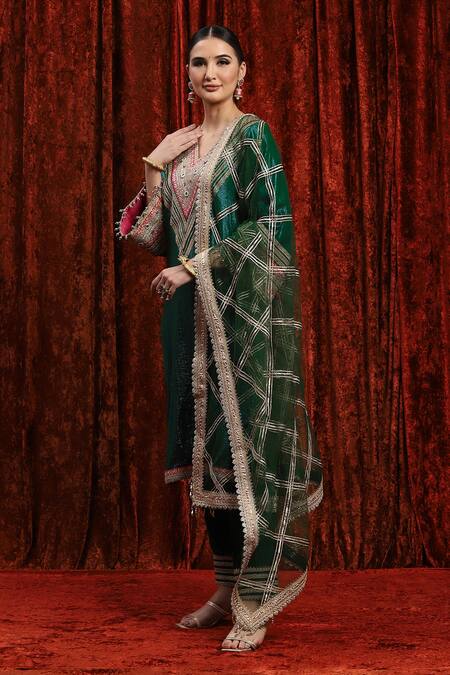 Buy_Shikhar Sharma_Green Cotton, Silk, Net, Chanderi Embroidery, Badla And Work Kurta Pant Set _Online_at_Aza_Fashions