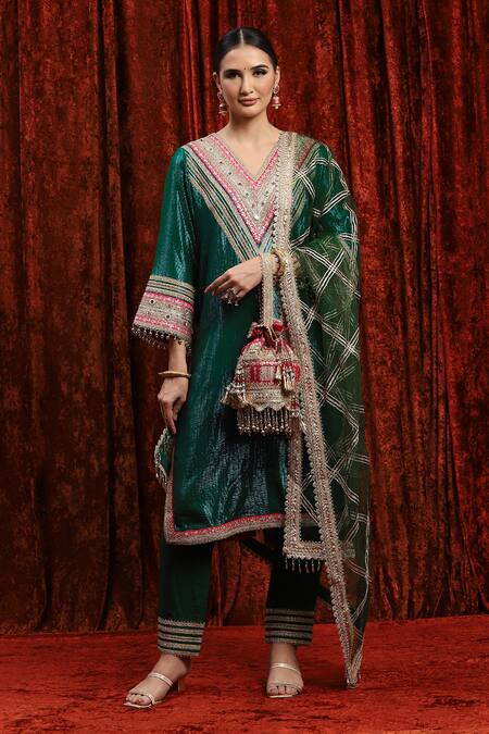 Shop_Shikhar Sharma_Green Cotton, Silk, Net, Chanderi Embroidery, Badla And Work Kurta Pant Set _Online_at_Aza_Fashions