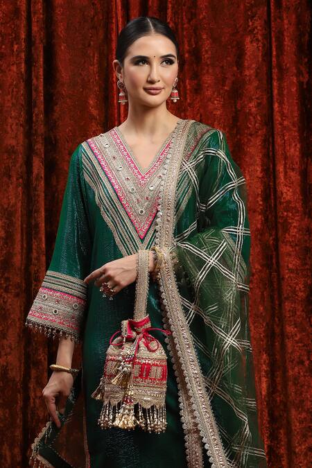 Shikhar Sharma_Green Cotton, Silk, Net, Chanderi Embroidery, Badla And Work Kurta Pant Set _at_Aza_Fashions