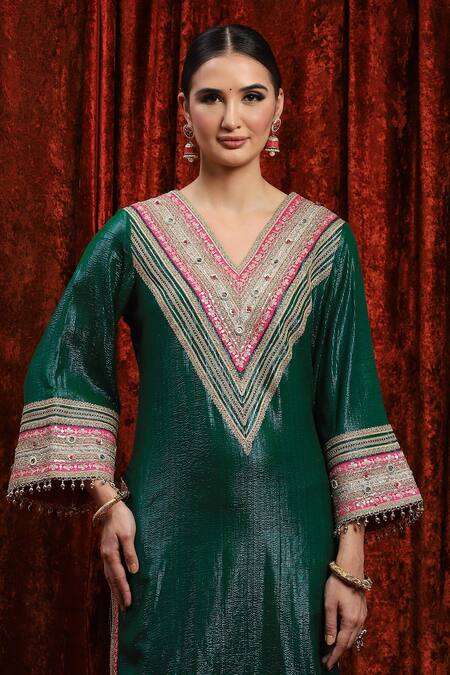 Buy_Shikhar Sharma_Green Cotton, Silk, Net, Chanderi Embroidery, Badla And Work Kurta Pant Set 