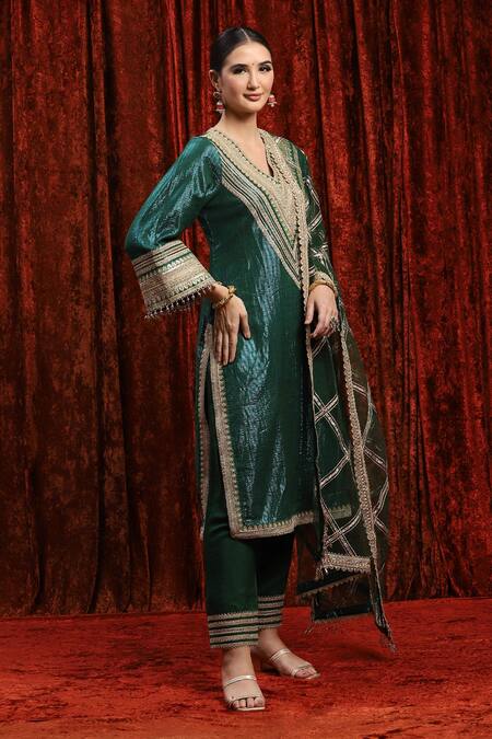 Shikhar Sharma_Green Cotton, Silk, Net, Chanderi Gota Patti, Dori And Work Kurta Pant Set _Online_at_Aza_Fashions