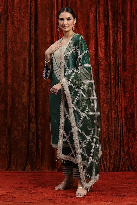 Buy_Shikhar Sharma_Green Cotton, Silk, Net, Chanderi Gota Patti, Dori And Work Kurta Pant Set _Online_at_Aza_Fashions