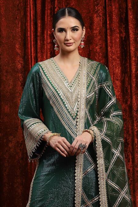 Shop_Shikhar Sharma_Green Cotton, Silk, Net, Chanderi Gota Patti, Dori And Work Kurta Pant Set _Online_at_Aza_Fashions