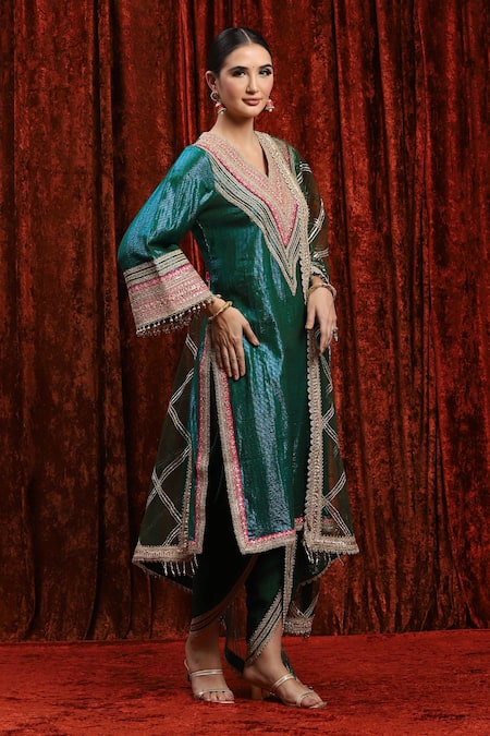 Shikhar Sharma_Green Cotton, Silk, Net, Chanderi Embroidery, Dori And Work Kurta Tulip Pant Set _Online_at_Aza_Fashions