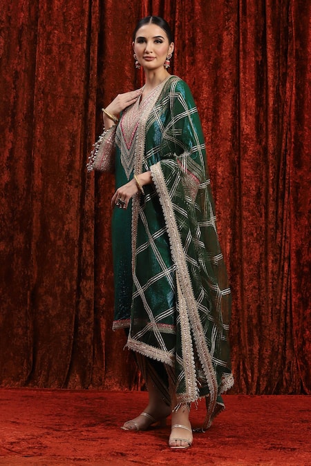 Buy_Shikhar Sharma_Green Cotton, Silk, Net, Chanderi Embroidery, Dori And Work Kurta Tulip Pant Set _Online_at_Aza_Fashions