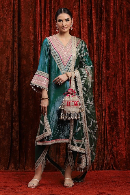 Shop_Shikhar Sharma_Green Cotton, Silk, Net, Chanderi Embroidery, Dori And Work Kurta Tulip Pant Set _Online_at_Aza_Fashions