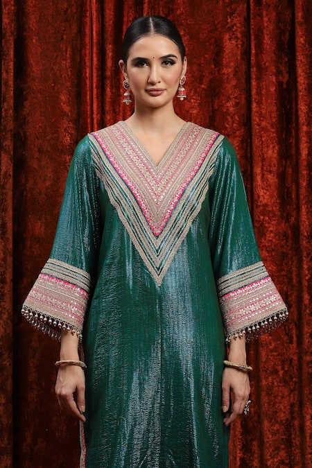 Shikhar Sharma_Green Cotton, Silk, Net, Chanderi Embroidery, Dori And Work Kurta Tulip Pant Set _at_Aza_Fashions