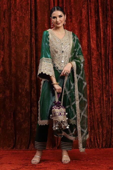 Shop Shikhar Sharma Green Cotton, Silk, Net, Chanderi Gota Patti, Embroidery Dori And Kurta Pant Set Online at Aza Fashions Shop_Shikhar Sharma_Green Cotton, Silk, Net, Chanderi Gota Patti, Embroidery Dori And Kurta Pant Set _Online_at_Aza_Fashions