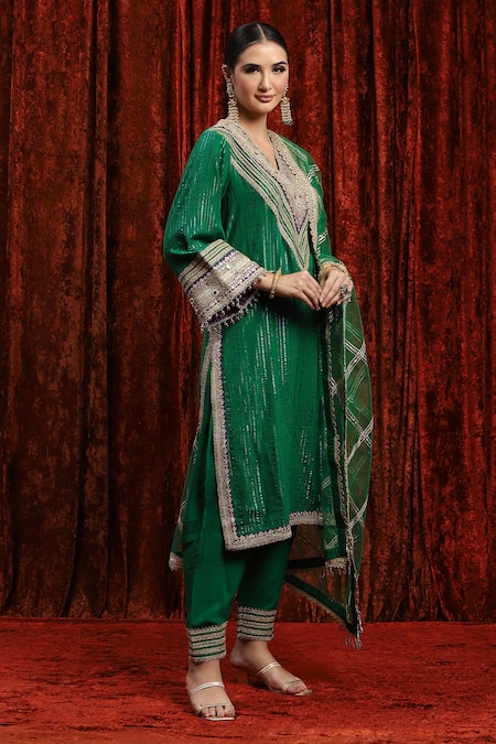 Shikhar Sharma_Green Cotton, Silk, Net, Chanderi Gota Patti, Geometric Dori And Kurta Pant Set _Online_at_Aza_Fashions