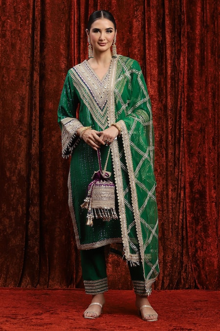 Shop_Shikhar Sharma_Green Cotton, Silk, Net, Chanderi Gota Patti, Geometric Dori And Kurta Pant Set _Online_at_Aza_Fashions