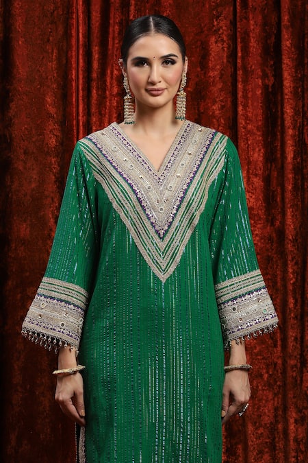 Shikhar Sharma_Green Cotton, Silk, Net, Chanderi Gota Patti, Geometric Dori And Kurta Pant Set _at_Aza_Fashions