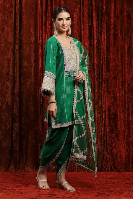 Shikhar Sharma Green Cotton, Silk, Net Beads, Embroidery Polo Gota Yoke Kurta Tulip Pant Set Online at Aza Fashions Shikhar Sharma_Green Cotton, Silk, Net Beads, Embroidery Polo Gota Yoke Kurta Tulip Pant Set _Online_at_Aza_Fashions