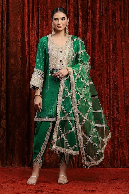 Shop Shikhar Sharma Green Cotton, Silk, Net Beads, Embroidery Polo Gota Yoke Kurta Tulip Pant Set Online at Aza Fashions Shop_Shikhar Sharma_Green Cotton, Silk, Net Beads, Embroidery Polo Gota Yoke Kurta Tulip Pant Set _Online_at_Aza_Fashions