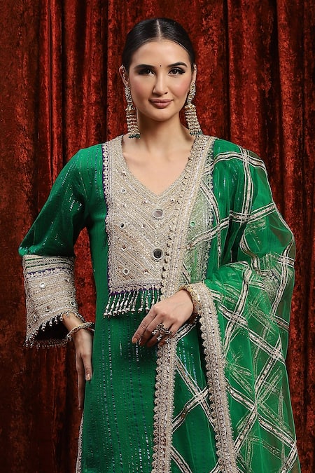 Shikhar Sharma Green Cotton, Silk, Net Beads, Embroidery Polo Gota Yoke Kurta Tulip Pant Set at Aza Fashions Shikhar Sharma_Green Cotton, Silk, Net Beads, Embroidery Polo Gota Yoke Kurta Tulip Pant Set _at_Aza_Fashions