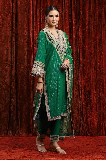 Shikhar Sharma_Green Cotton, Silk, Net, Chanderi Gota Patti, Dori Straight Kurta Pant Set _Online_at_Aza_Fashions