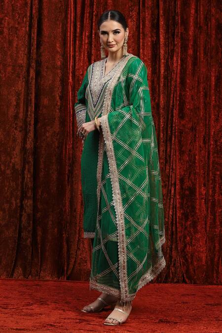 Buy_Shikhar Sharma_Green Cotton, Silk, Net, Chanderi Gota Patti, Dori Straight Kurta Pant Set _Online_at_Aza_Fashions
