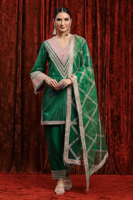 SHIKHAR SHARMA Green Kurta Cotton Lurex Embroidery Contrast Dori Straight Pant Set 