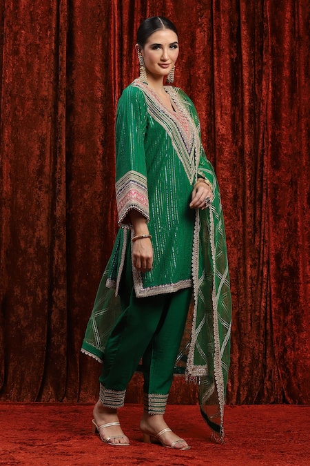 Shikhar Sharma_Green Cotton, Lurex, Silk, Chanderi, Net Contrast Dori Straight Kurta Pant Set _Online_at_Aza_Fashions