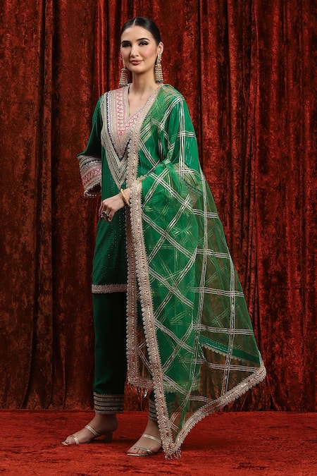 Buy_Shikhar Sharma_Green Cotton, Lurex, Silk, Chanderi, Net Contrast Dori Straight Kurta Pant Set _Online_at_Aza_Fashions