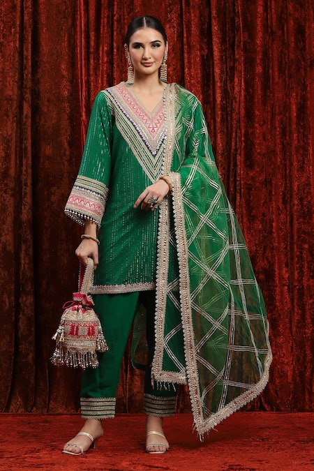 Shop_Shikhar Sharma_Green Cotton, Lurex, Silk, Chanderi, Net Contrast Dori Straight Kurta Pant Set _Online_at_Aza_Fashions