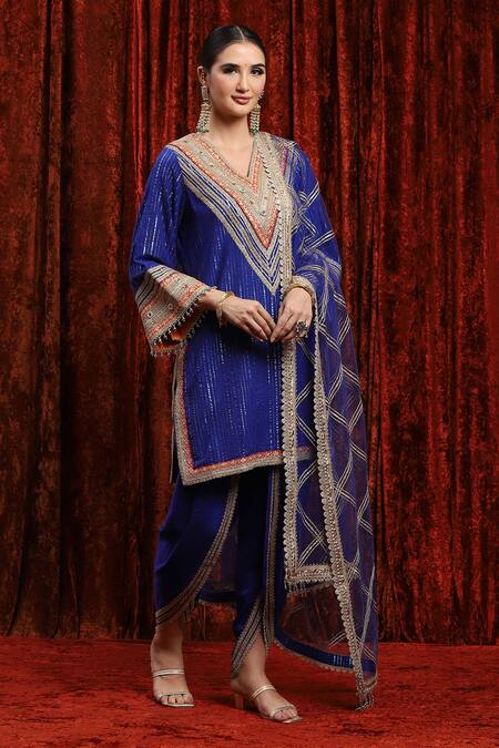 Shikhar Sharma_Blue Cotton, Silk, Chanderi, Net Gota Patti, Dori Straight Kurta Tulip Pant Set _Online_at_Aza_Fashions