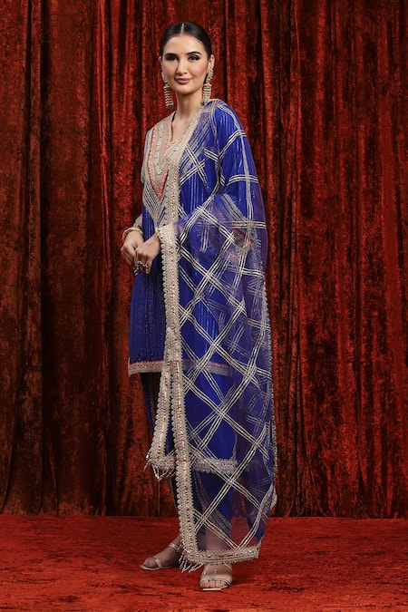 Buy_Shikhar Sharma_Blue Cotton, Silk, Chanderi, Net Gota Patti, Dori Straight Kurta Tulip Pant Set _Online_at_Aza_Fashions