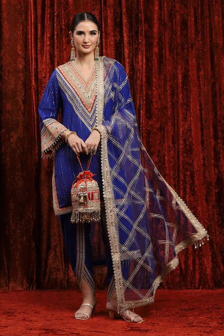 Shop_Shikhar Sharma_Blue Cotton, Silk, Chanderi, Net Gota Patti, Dori Straight Kurta Tulip Pant Set _Online_at_Aza_Fashions