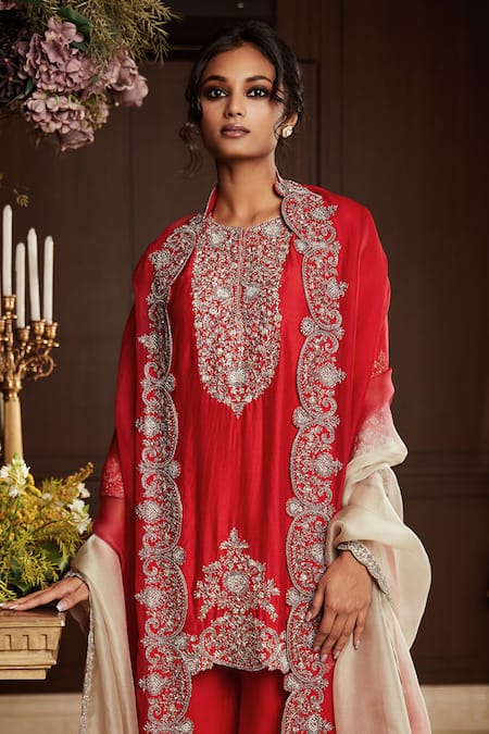 Shop Prisho Red Silk, Organza Zari, Tassels, Bows Gul Zardozi Embroidered Kurta Sharara Set at Aza Fashions Shop_Prisho_Red Silk, Organza Zari, Tassels, Bows Gul Zardozi Embroidered Kurta Sharara Set _at_Aza_Fashions