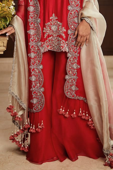 Prisho Red Silk, Organza Zari, Tassels, Bows Gul Zardozi Embroidered Kurta Sharara Set Online at Aza Fashions Prisho_Red Silk, Organza Zari, Tassels, Bows Gul Zardozi Embroidered Kurta Sharara Set _Online_at_Aza_Fashions