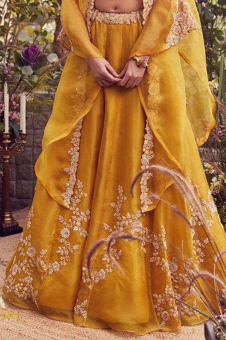 Prisho Yellow Silk, Organza Sequins, Embroidery Phool Bahar Thread Cape Lehenga Set Online at Aza Fashions Prisho_Yellow Silk, Organza Sequins, Embroidery Phool Bahar Thread Cape Lehenga Set _Online_at_Aza_Fashions