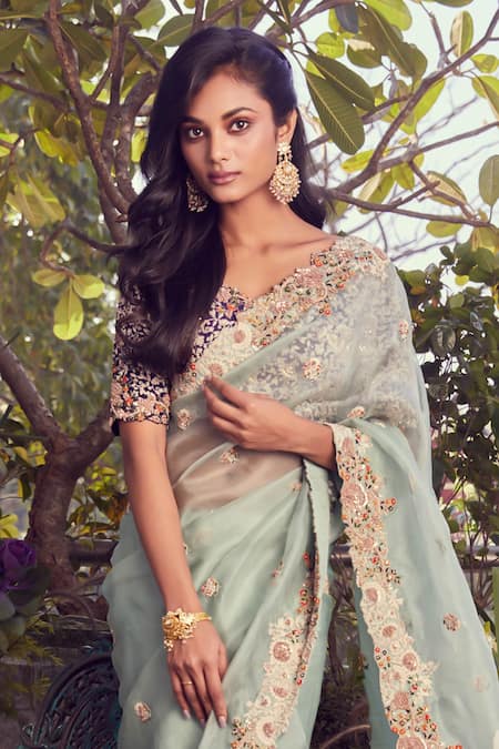 Shop Prisho Blue Silk, Organza Zari, Phool Buta Zardozi Embroidered Saree With Blouse at Aza Fashions Shop_Prisho_Blue Silk, Organza Zari, Phool Buta Zardozi Embroidered Saree With Blouse _at_Aza_Fashions