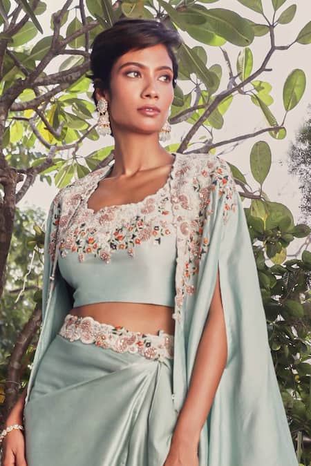 Shop Prisho Blue Silk, Chanderi Pearls, Gulshan Zardozi Embroidered Cape Draped Skirt Set at Aza Fashions Shop_Prisho_Blue Silk, Chanderi Pearls, Gulshan Zardozi Embroidered Cape Draped Skirt Set _at_Aza_Fashions