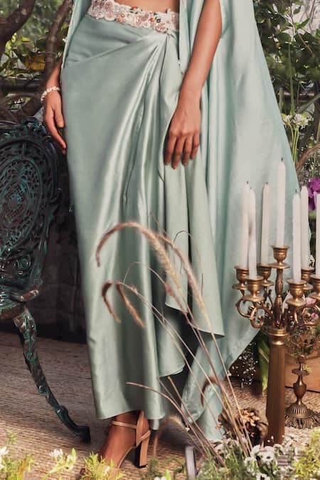 Prisho Blue Silk, Chanderi Pearls, Gulshan Zardozi Embroidered Cape Draped Skirt Set Online at Aza Fashions Prisho_Blue Silk, Chanderi Pearls, Gulshan Zardozi Embroidered Cape Draped Skirt Set _Online_at_Aza_Fashions