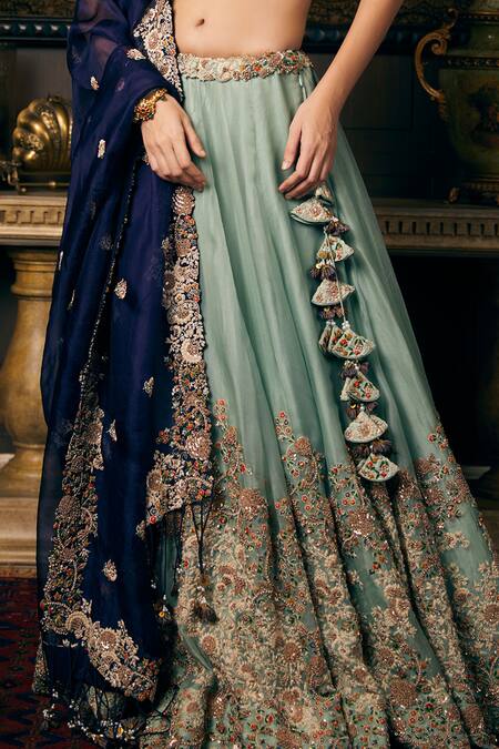Prisho Blue Organza Pearls, Embroidery, Florid Zardozi And Dori Bridal Lehenga Set Online at Aza Fashions Prisho_Blue Organza Pearls, Embroidery, Florid Zardozi And Dori Bridal Lehenga Set _Online_at_Aza_Fashions