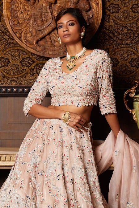 Shop Prisho Pink Organza, Tissue Sequins, Embroidery V-neck Petunia Dori Bridal Lehenga Set at Aza Fashions Shop_Prisho_Pink Organza, Tissue Sequins, Embroidery V-neck Petunia Dori Bridal Lehenga Set _at_Aza_Fashions