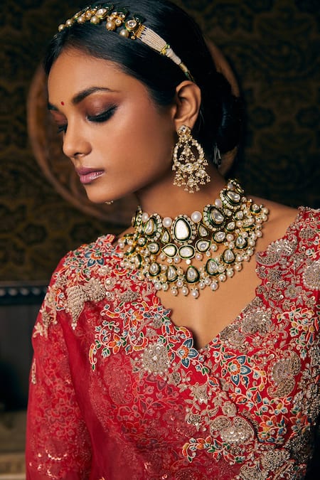 Shop Prisho Red Silk, Organza Sequins, Pearls Rafflesia Bloom Embroidered Bridal Lehenga Set at Aza Fashions Shop_Prisho_Red Silk, Organza Sequins, Pearls Rafflesia Bloom Embroidered Bridal Lehenga Set _at_Aza_Fashions