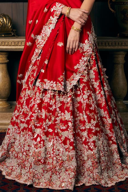 Prisho Red Silk, Organza Pearls, Sequins, Mughal Bahar Embroidered Bridal Lehenga Set Online at Aza Fashions Prisho_Red Silk, Organza Pearls, Sequins, Mughal Bahar Embroidered Bridal Lehenga Set _Online_at_Aza_Fashions
