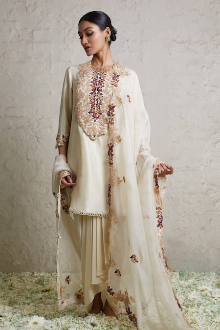 Prisho Ivory Kurta Silk Embroidered Dori Round Dhoti Skirt Set 