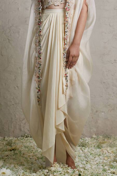 Prisho Ivory Silk, Organza, Crepe Embroidery, Zari Round Border Cape Draped Skirt Set Online at Aza Fashions Prisho_Ivory Silk, Organza, Crepe Embroidery, Zari Round Border Cape Draped Skirt Set _Online_at_Aza_Fashions