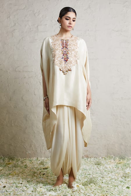 Prisho Ivory Kaftan Silk Embroidered Dori Round And Dhoti Pant Set 