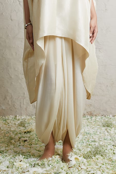 Prisho_Ivory Silk, Crepe Embroidery Round Neck Dori Kaftan And Dhoti Pant Set _Online_at_Aza_Fashions
