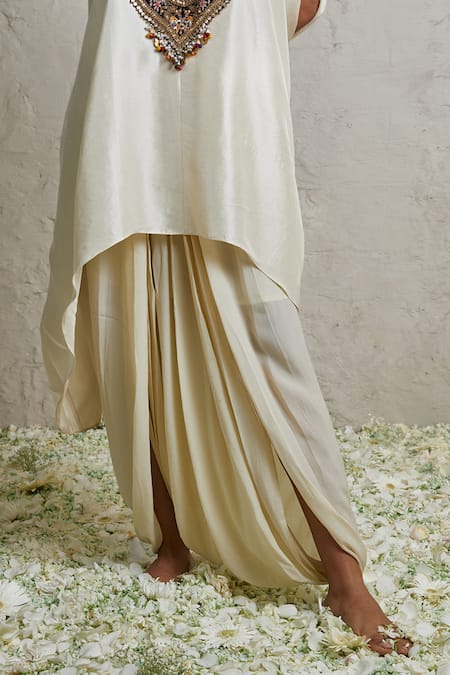 Prisho_Ivory Silk, Crepe Embroidery Round Neck Floral Kaftan And Dhoti Pant Set _Online_at_Aza_Fashions