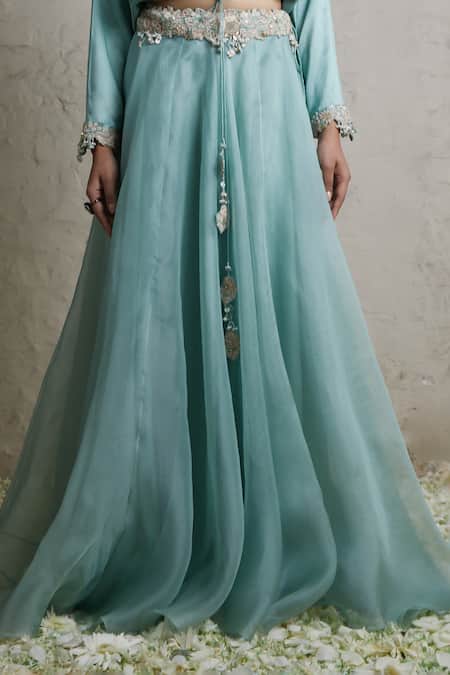Prisho Blue Silk, Organza Pearls, Floral Waistband Embroidered Skirt And Bustier Set Online at Aza Fashions Prisho_Blue Silk, Organza Pearls, Floral Waistband Embroidered Skirt And Bustier Set _Online_at_Aza_Fashions