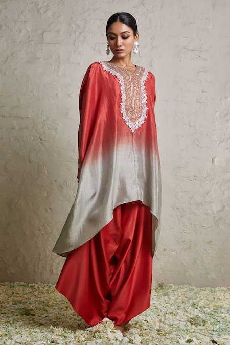 Prisho Ombre Embroidered Kaftan & Draped Pant Set 